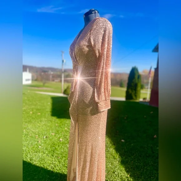 Stunning Mermaid Rose Gold Sequined Dress with Sleeves and Slit - Picture 3 of 16